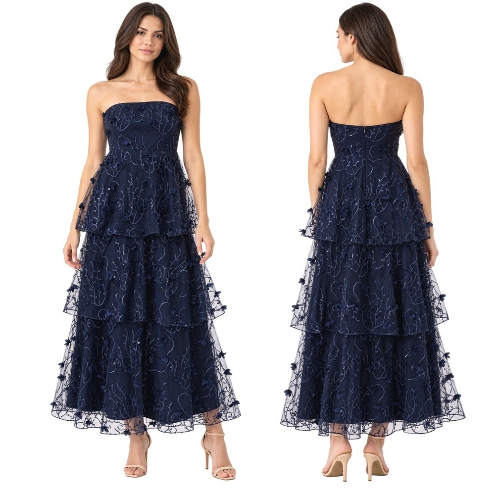 Dessy Collection Vivian Diamond 3D Embroidered Floral Straples Gown 4 Navy Blue